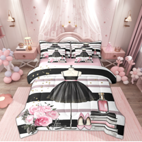 Manfei Princess Dress Child Twin Bedding Sets 7-Piece, Black White Fashion Stripes Bedding Comforter Set, Romantic Rose Reversible Sheet Sets, Luxury Bedroom Decor