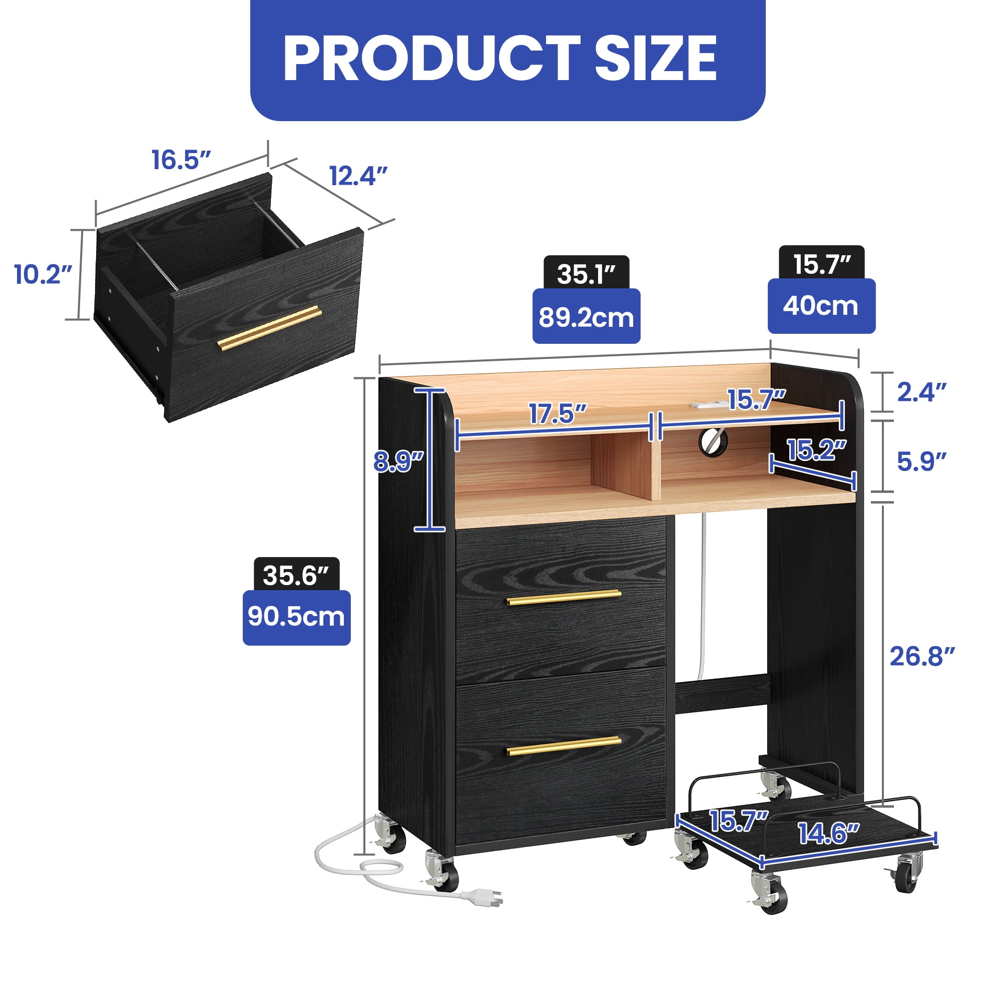 ModFusion 35.1" File Cabinet: 2-File Drawer, Charging Station, Pull-out Shelf with Carts for Paper Shredder, Wheel with Brake to Lock, 2.9x1.3x2.9 ft Printer Stand, Black