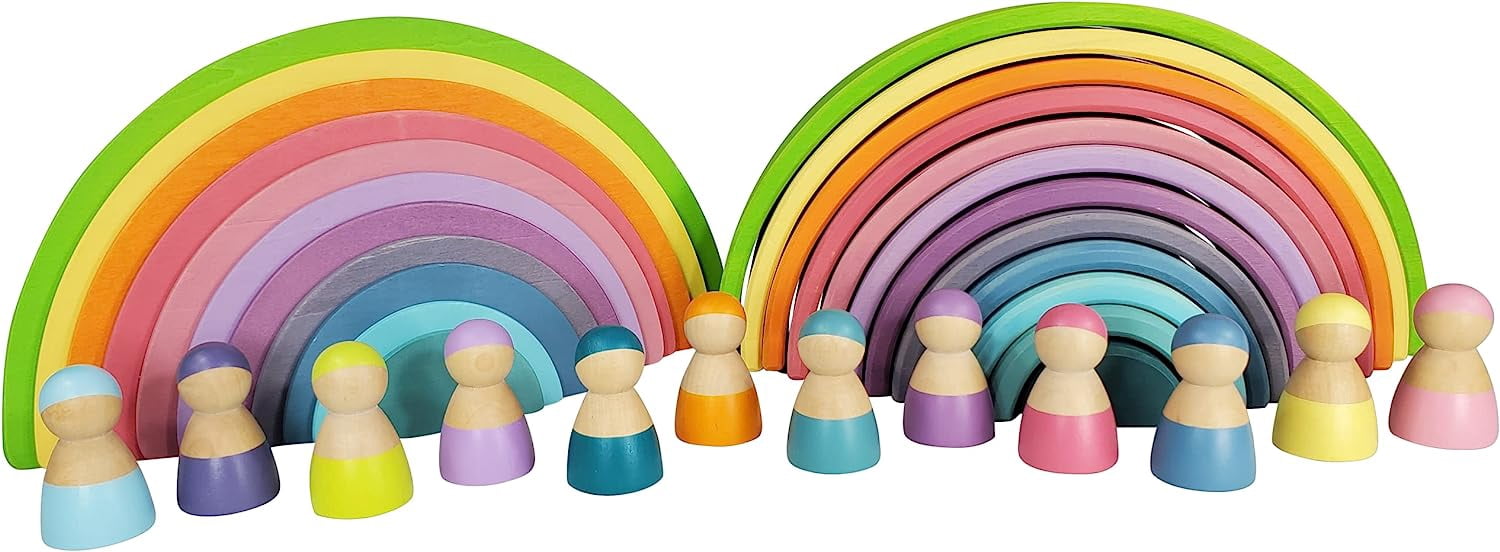 TEKOR 35 Pcs Wooden Rainbow Stacking Toy Set, Montessori Building ...