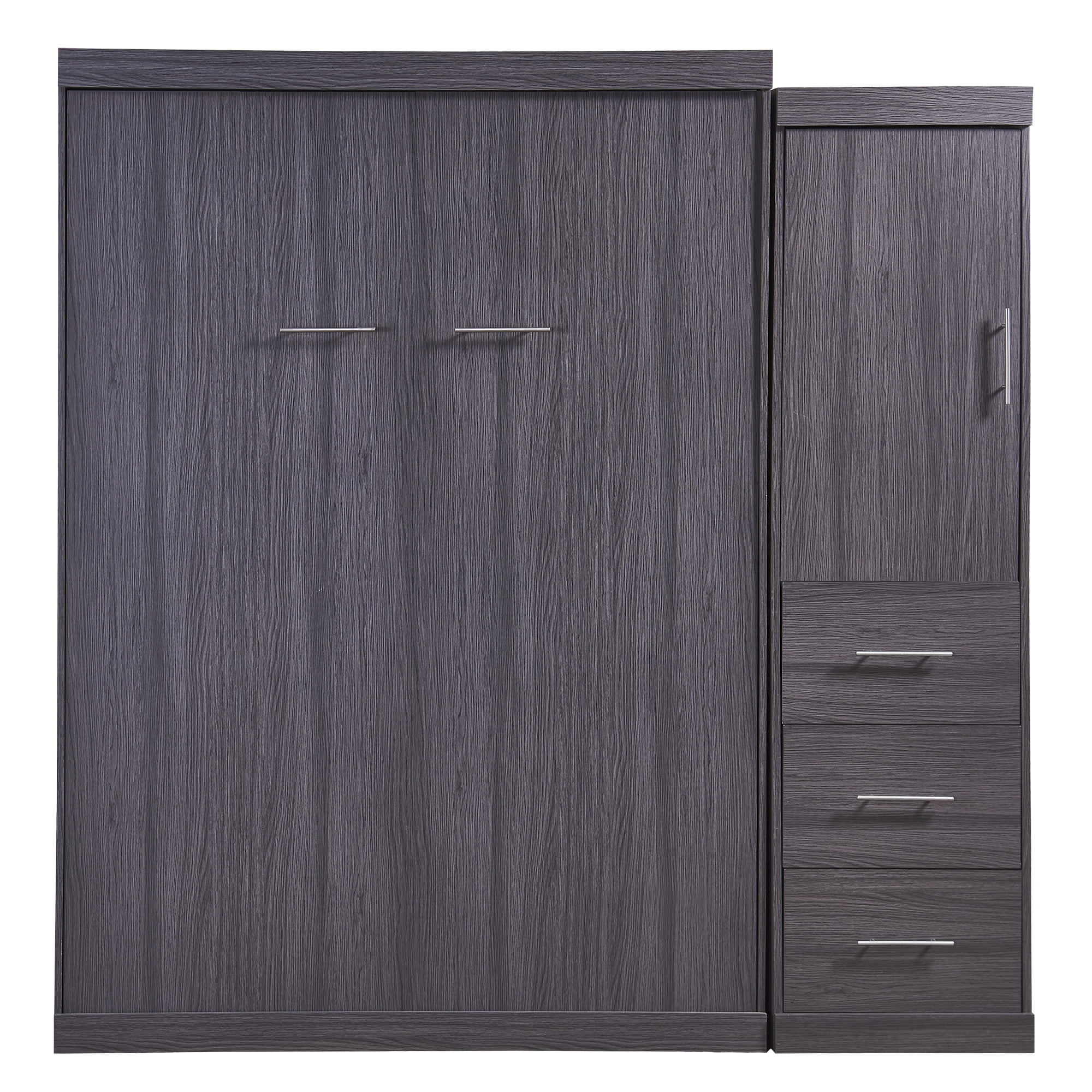 Euroco Wood Full Size Murphy Wall Bed with Wardrobe and Drawers for Living Room, Moveable Wardrobe and Drawers, Space-Saving & Easy Open and Close, Gray