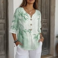 thumbnail image 3 of Xoenoiee Green Bamboo Leaves Print Womens 3/4 Sleeve Button Down Shirts Cotton Linen Tops V Neck Casual Loose Fit Blouses Pullover, XL, 3 of 7
