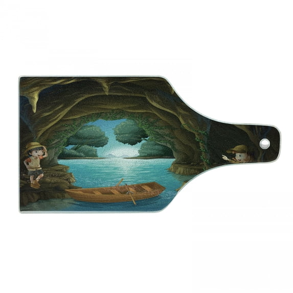 Colorful Cutting Board, Young Explorers Inside a Cave Creek in Woodlands Surreal Fantasy Theme, Decorative Tempered Glass Cutting and Serving Board, in 3 Sizes, by Ambesonne
