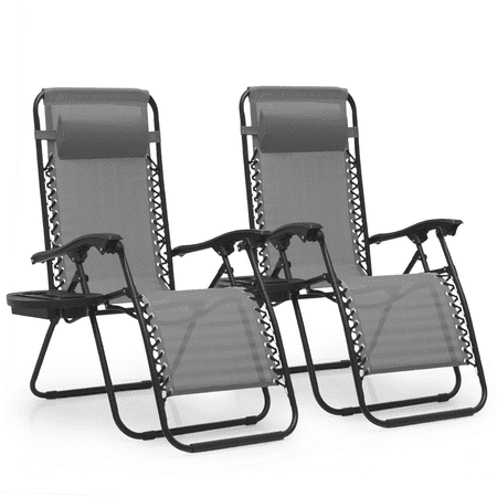 MoNiBloom Zero Gravity Chair Set of 2  Folding Reclining Lounger with Pillow & Cup Holder for Picnic Camping Beach Sports  Grey