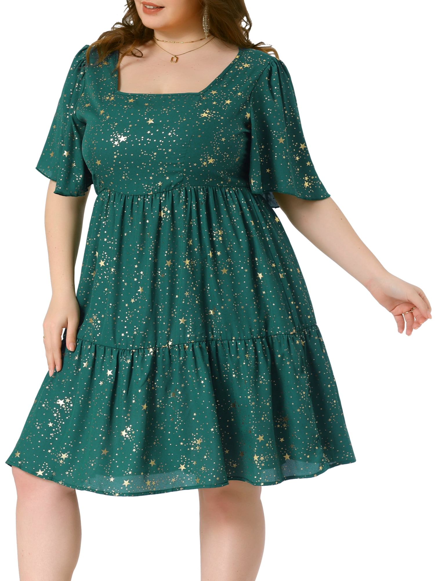 DARING DIVA Plus Size Chiffon Square Neck Short Sleeve Metallic Dress 2X Green