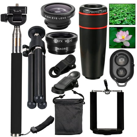 Spring Travel Outdoor 12-In-1 Phone Camera Lens Kit, 8X Telescope + Fisheye + Wide Angle + Macro Telephoto Lens with Mini Tripod & Selfie Stick Monopod for