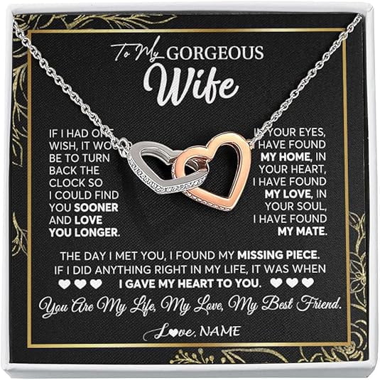 Interlocking Heart Necklace for Women, Personalized To My Wife Necklace From Husband, Anniversary Gift for Wife with Message Card and Gift Box, I Love You More, Wife Birthday Gift