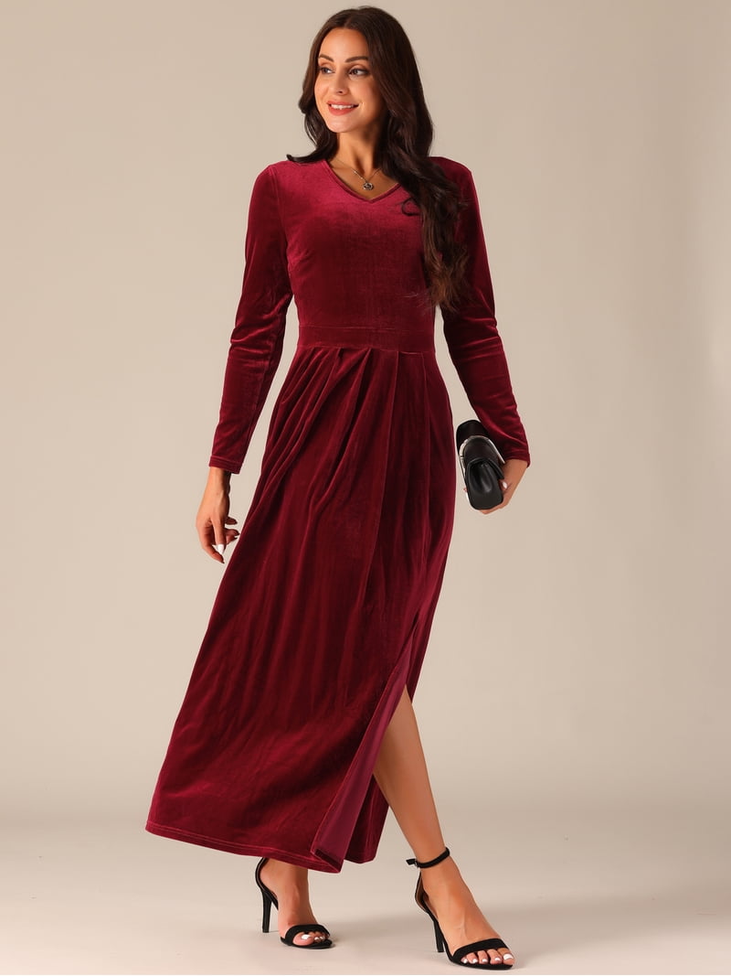 wine red maxi dress Rihoas Elegant Jacquard Formal stretch material. Wine Red Ribbed Knit Bodice