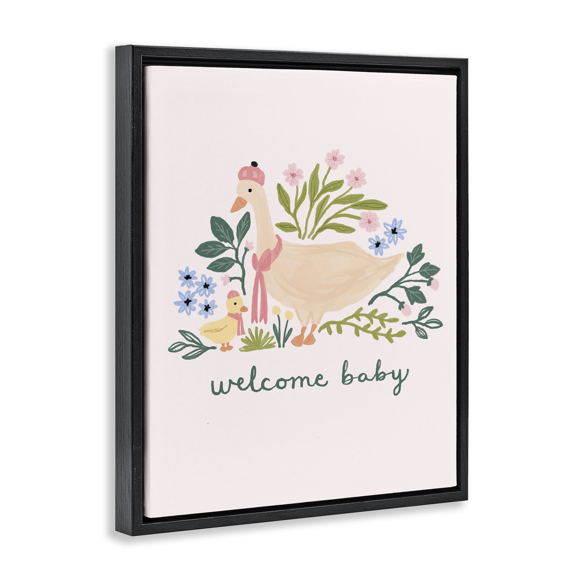Stupell Industries Welcome Baby Floral Duck Animals Painting Black Floater Framed Canvas Art Print Wall Art, 25 x 31