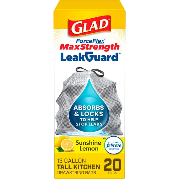Glad ForceFlex MaxStrength LeakGuard Tall Kitchen Trash Bags, 13 Gal, Sunshine Lemon Scent, 20 Ct