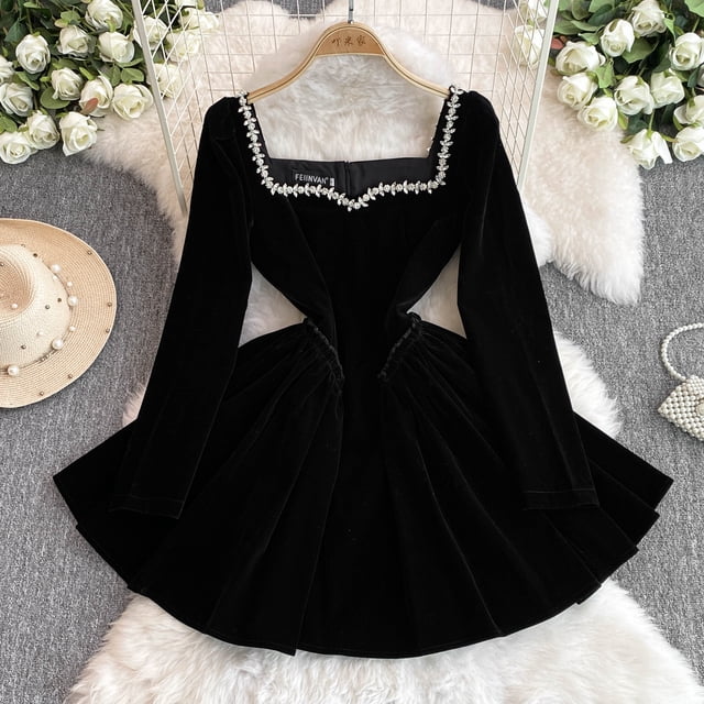 Vestido negro elegante de una línea para mujer, cuello cuadrado de diamantes, vestido ligeramente gordito, vestido de fiesta de manga larga de talla grande, Otoño e Invierno