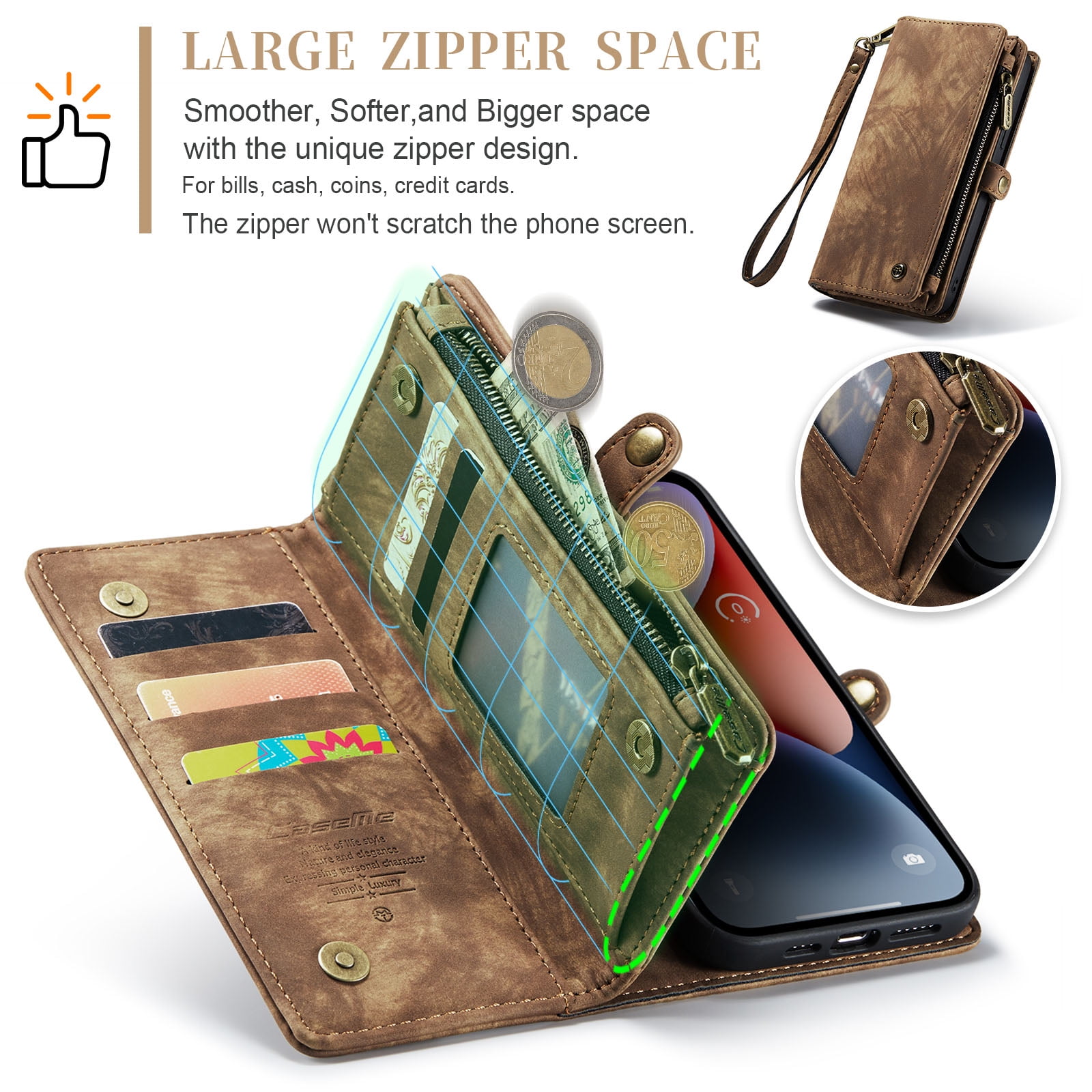 For Apple iPhone 15 Plus Wallet Case,Multi-Functional Retro Leather Purse Flip Cover Zipper Wallet Case with Removable Card Slots Pocket & Detachable Wrist Strap Magnetic Phone Case, Darkbrown