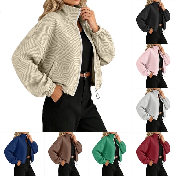 Antinious Women Casual Zip Jacket Collar Drawstring Pocket Solid Long Sleeve Comfy