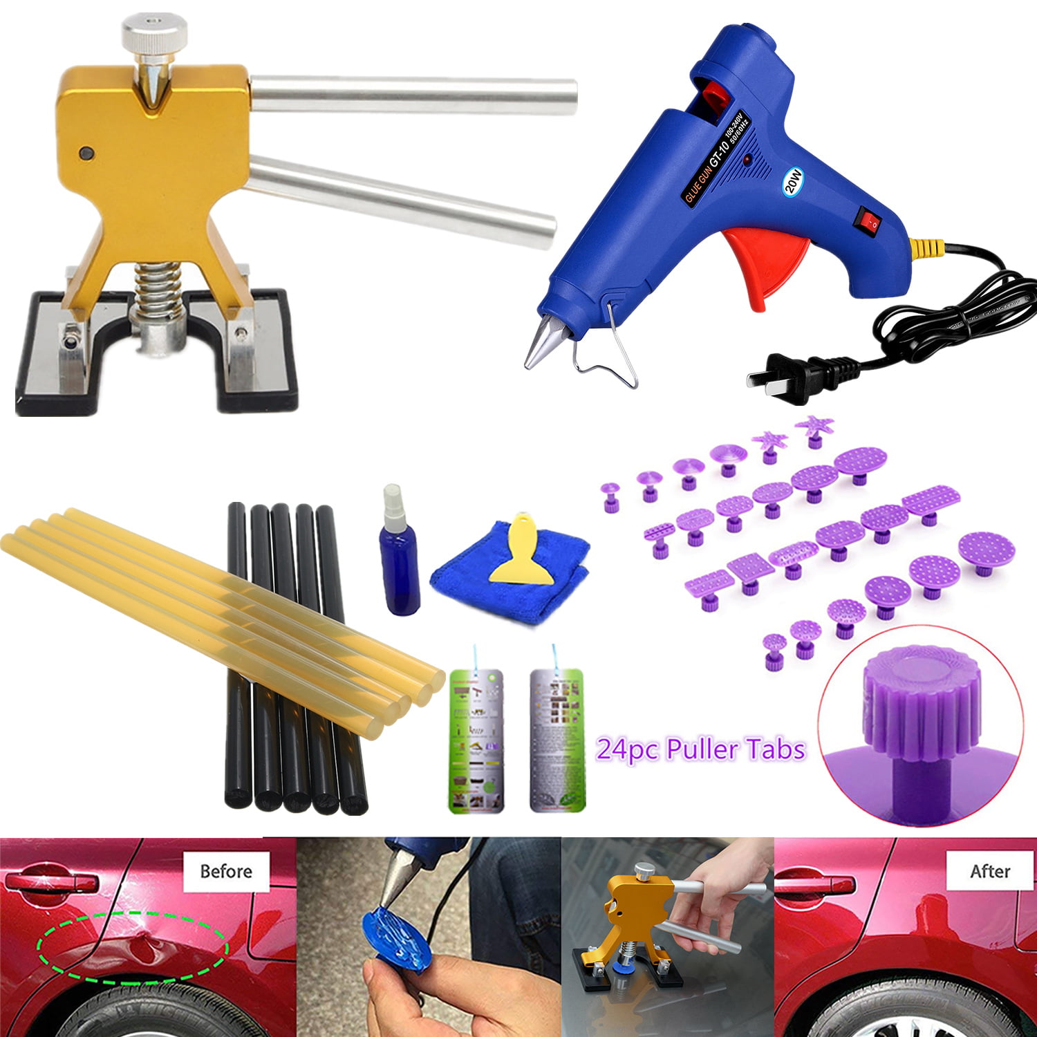 10pc Car Paintless Dent Repair Puller Glue Tabs DIY Hand Tools Kit 5 Sizes 