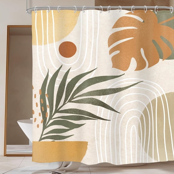 Beige Green Boho Shower Curtain Mid Century Plant Tropical Palm Leaf Modern Minimalist Bathroom Arch Geometric 72Wx72L Inches Bath Accessories Art Home Decor Fabric 12 Pack Hook