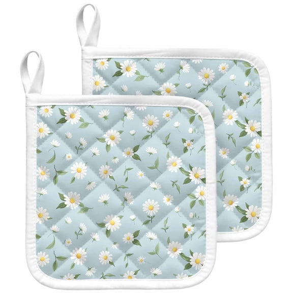 White Daisy Pot Holders for Kitchen Heatproof Potholder, 2 Pack Country Pastoral Spring Botanical Flowers Hot Pads Multipurpose Oven Pads Cloth Potholders Trivet for Cooking and Baking