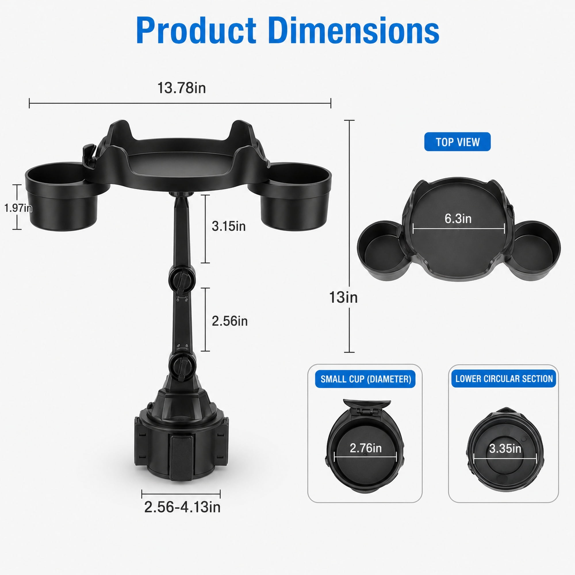 Black Adjustable Car Cup Holder Tray – Food and Drink Organizer with Dual Cup Holders, Snack Surface, and Swivel Arm