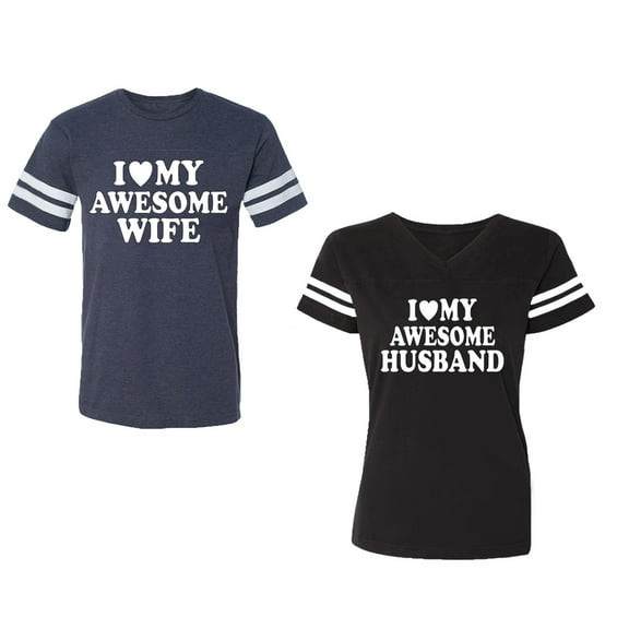 I love My Awesome Husband wife Unisex Couple Matching Cotton Jersey style T-Shirt Contrasting stripes on sleeves (Men Navy / Women Black) (Men S / Women S)