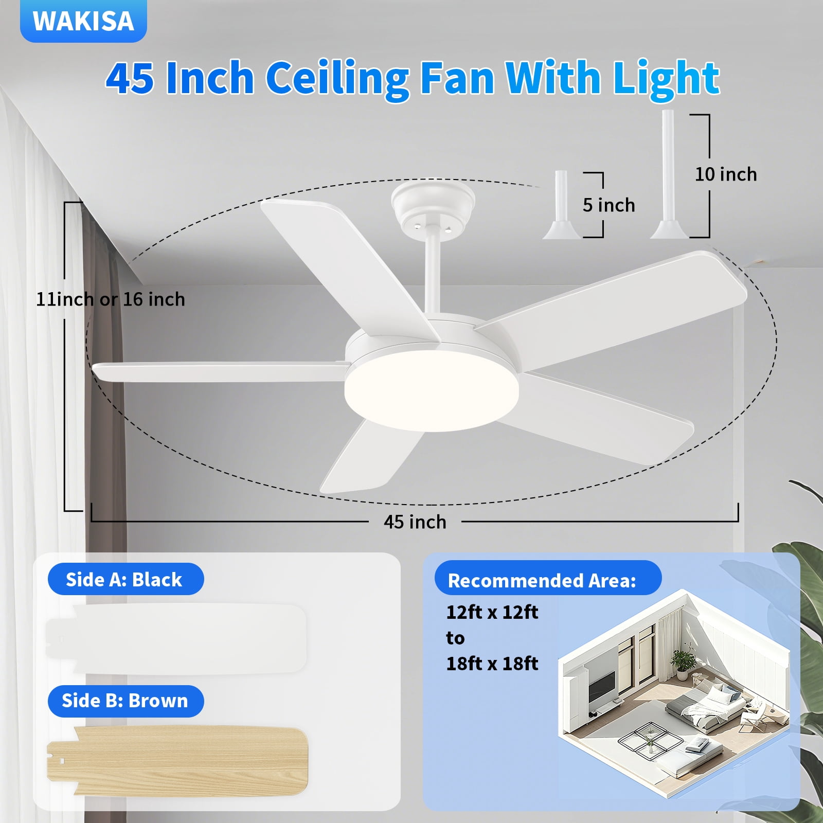 Kaqinu Ceiling Fans with Lights and Remote & App Control,45 inch Modern Ceiling Fans,6 Speeds 3 Colors for Indoor White