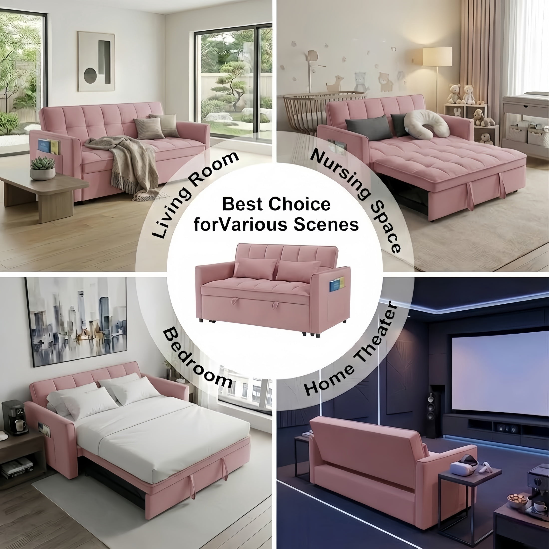 Amuille 3 in 1 Convertible Sleeper Sofa Bed, 54" Velvet Fabric Loveseat, Pull Out Couch for Living Room and Apartment, Pink