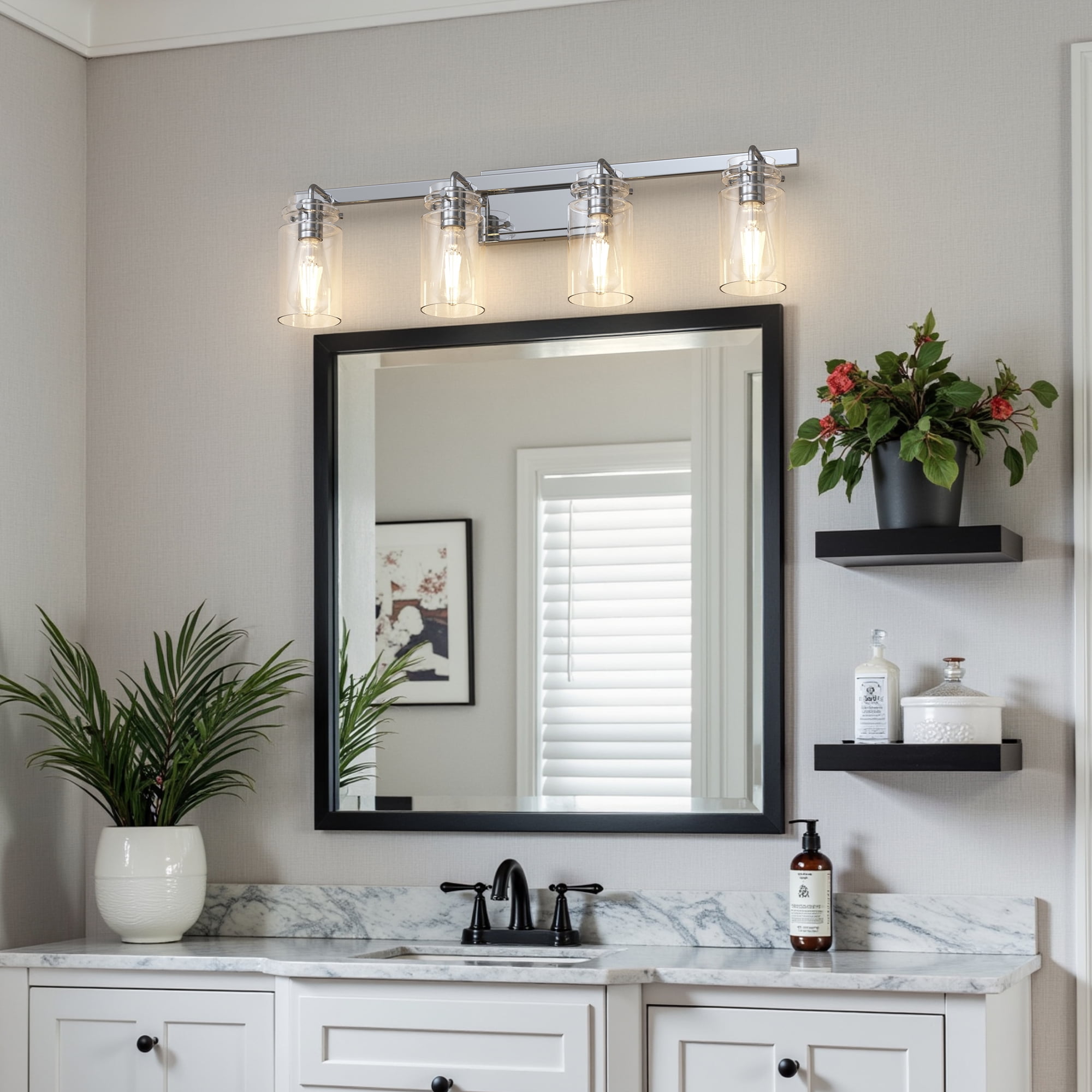 YANSUN 31.5 in 4-Light Chrome Modern Cylinder Vanity Light for Bathroom Mirror with Clear Glass Shades, for Bathrooms, Powder Rooms, or Vanity Nooks