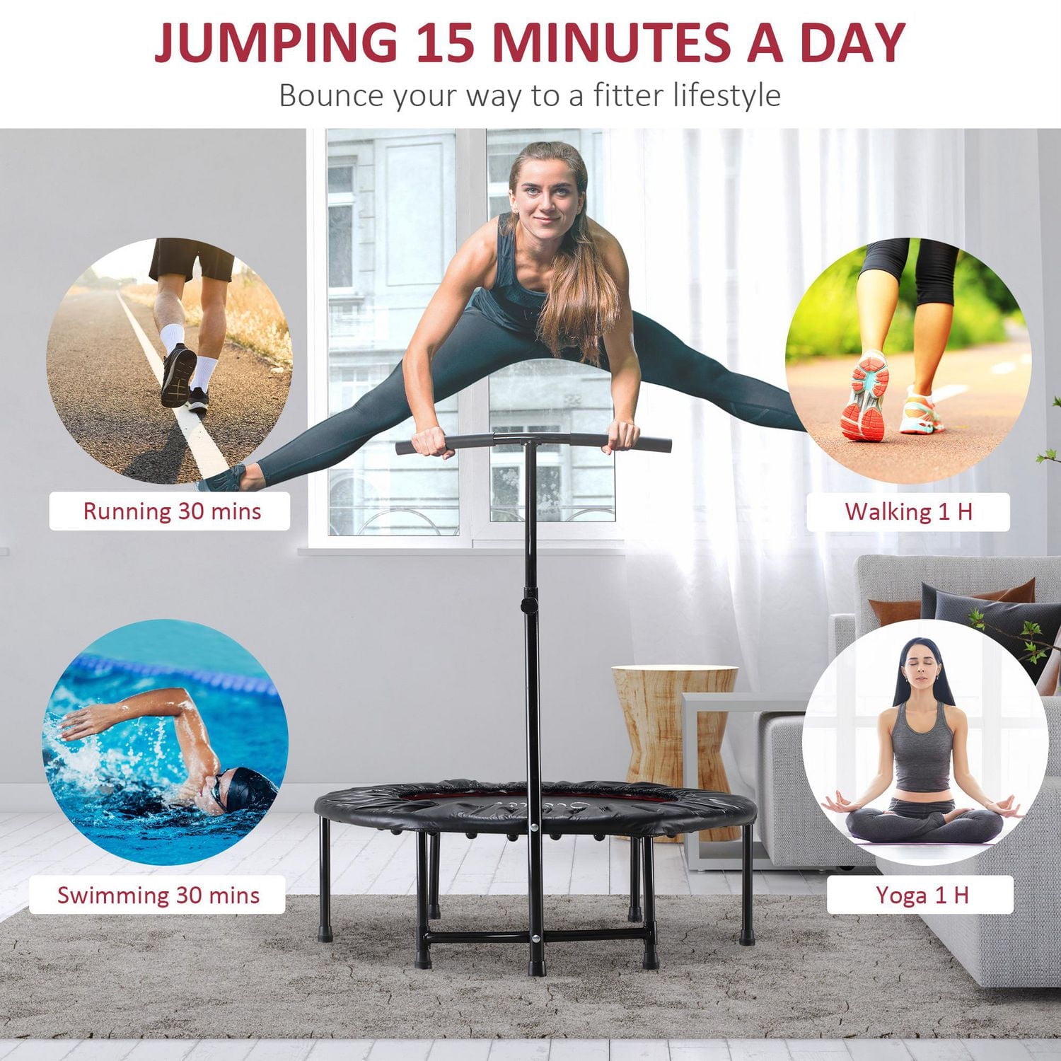 Mini Exercise Trampoline Rebounder Cardio Trainer Adjustable T-Bar Black