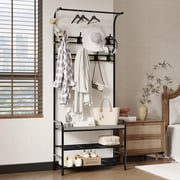 GOCAPTAIN 4-in-1 Coat Rack with 3 Storage Shelves and 8 Sturdy Hooks, Industrial Style Coat Tree for Entryway, Hallway, Grey