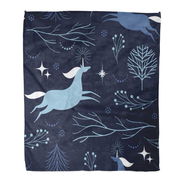 ASHLEIGH Flannel Throw Blanket Blue Unicorns Beauty Branches Character