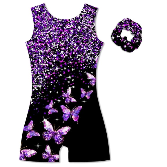 Aideaone Girl Gymnastic Leotards with Hair Scrunchie Sparkle Dance Unitards for 4-12Years