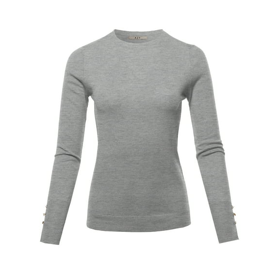 A2Y Women's Fitted Viscose Crew Neck Long Sleeve Metal Button Detail Sweater Heather Grey M