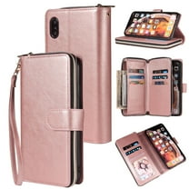 Feishell for Apple iPhone XR (6.1 inch) Wallet Case for Women Men,Premium PU Leather Magnetic Clasp Zipper 9 Card Slots Folio Flip Holder Shockproof Purse Phone Case with Wrist Strap,Rosegold