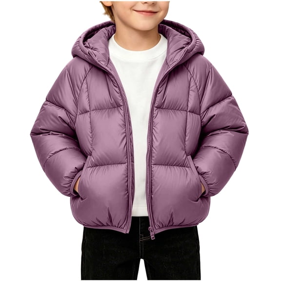 Jalioing Toddler Kids Puffer Jacket Solid Color Long Sleeve Zipper Winter Coat Thick Thermal Hooded Jacket Outerwear