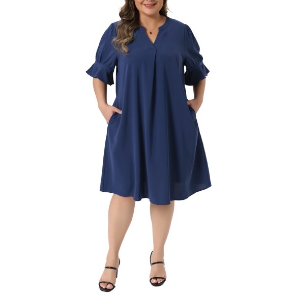 Agnes Orinda Women's Plus Size Chiffon Dresses Notch V Neck Bell Short Sleeve Pleated Summer Casual Midi Dresses with Pockets 2X Dark Blue