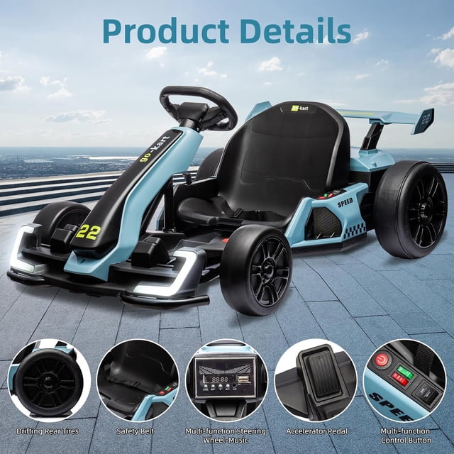 Historyli Kart eléctrico de 24 V, potente kart de drifting, asiento ajustable, velocidad de 13 km/h, luces LED, juguete para exteriores para niños de 6 a 15 años, color azul.