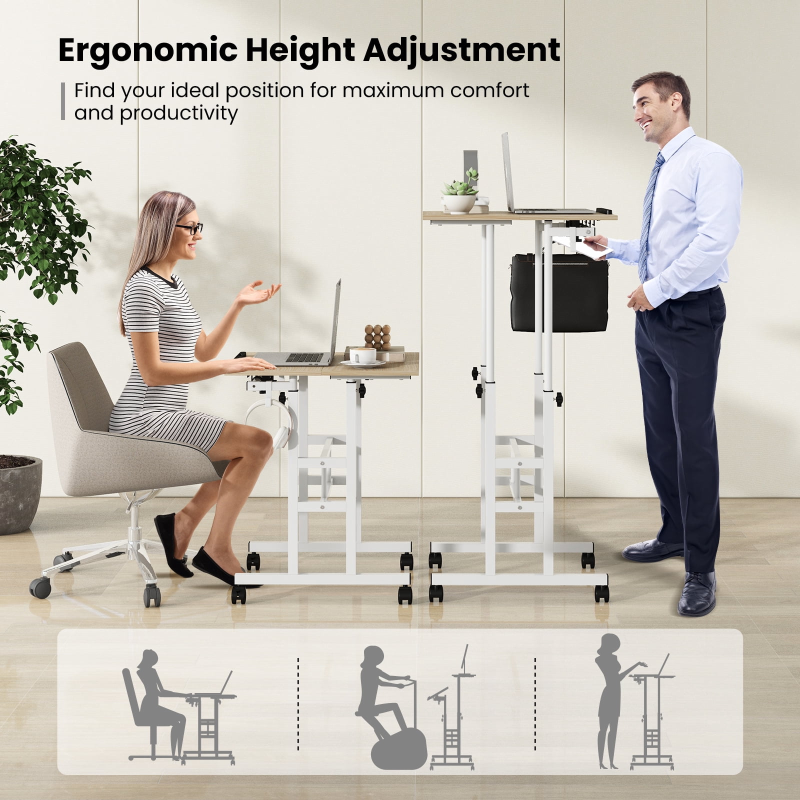 Giantex Mobile Standing Desk, Height Adjustable Sit to Stand Desk, Portable Laptop Desk, 2-Tier Computer Workstation for Home Office, Natural