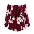 thumbnail image 4 of uvwlwu Women Floral Print Off Shoulder Romper Ruffle Layer Long Cuffed Sleeve Elastic High Waist Short Jumpsuit Stylish Casual Everyday Summer Vacation Outfit,L, 4 of 4