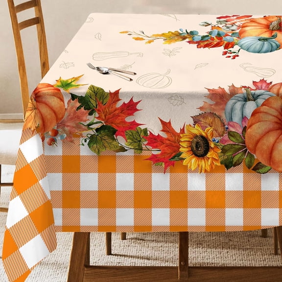 Fall Tablecloth 60 x 84 Inches, Fall Table Cloth Rectangle, Autumn Pumpkin Plaid Tablecloth Orange for Home Kitchen Dining Decor