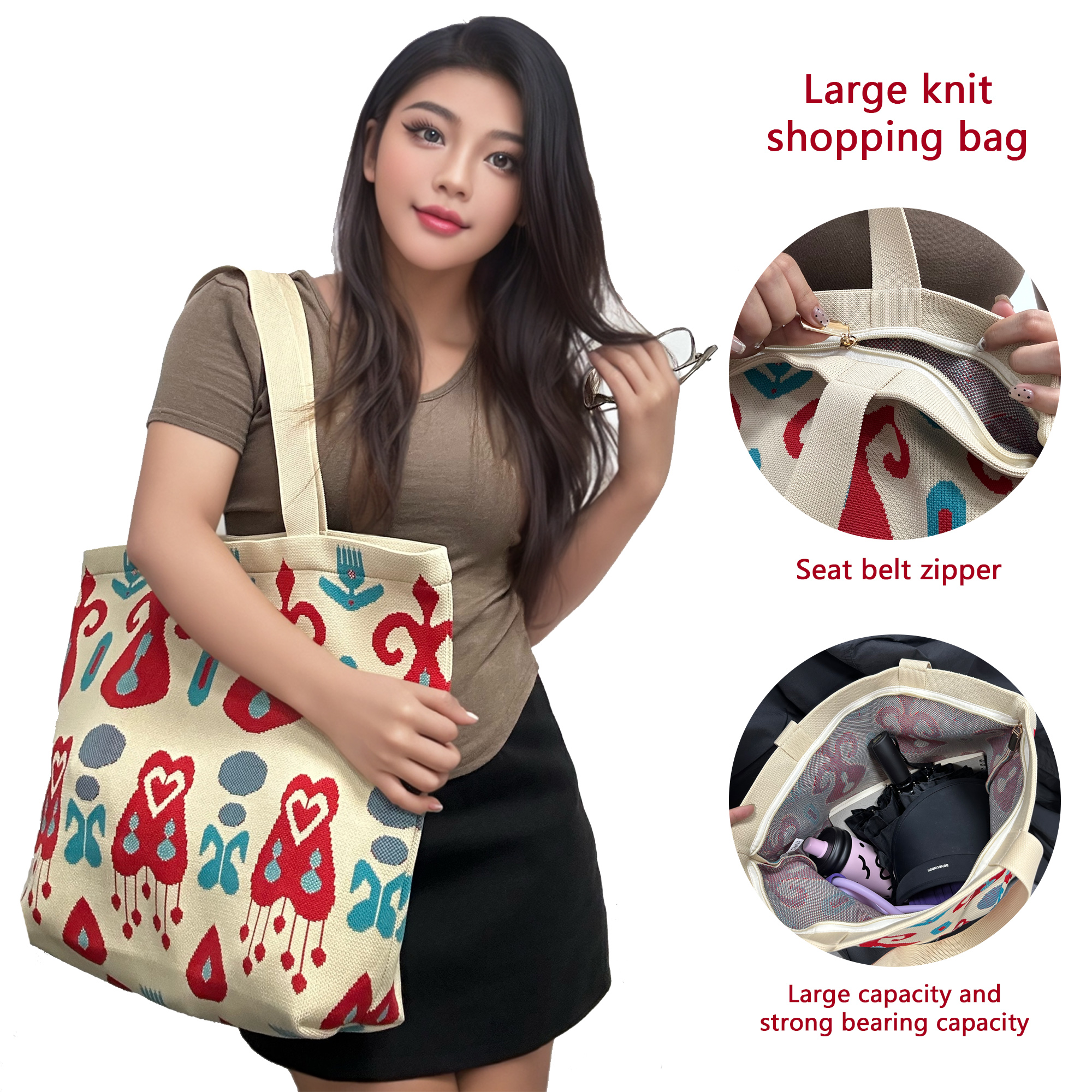 Crocheted Tote Bag Women's large foldable beach Bag Zipper Open fit medieval pattern shoulder bag ideal for shopping trips