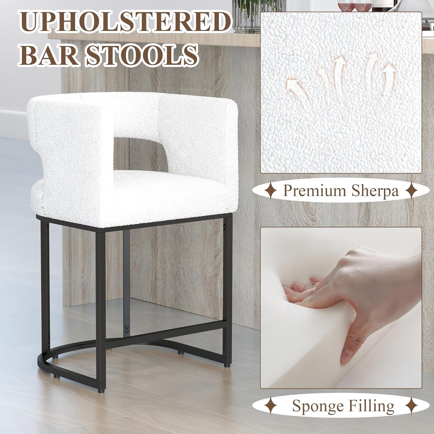Westice Counter Height Stools for Kitchen Island Set of 2, 28" Barral Bar Stools with Backrest, Black Metal Frame, Upholstered Linen Fabric Stools for Pub, Club, Dining Room, Beige