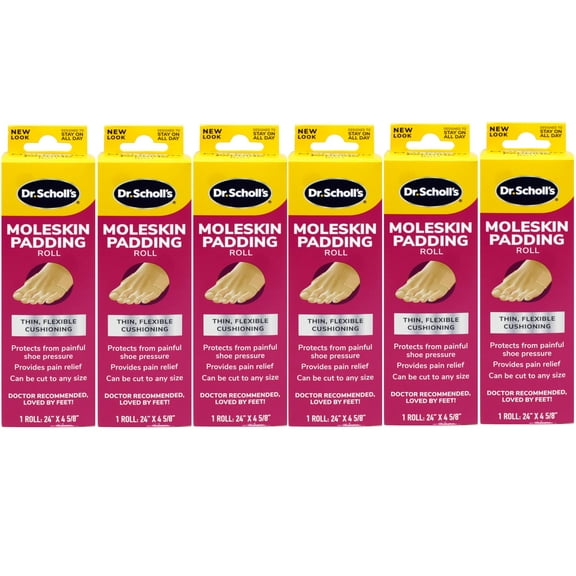 6 x - Dr. Scholl's Moleskin Padding ROLL, 1 roll // Thin, Flexible Cushioning & Pain Relief - Cut to Any Size - Doctor Recommended - 24 Inches X 4 5/8 Inches