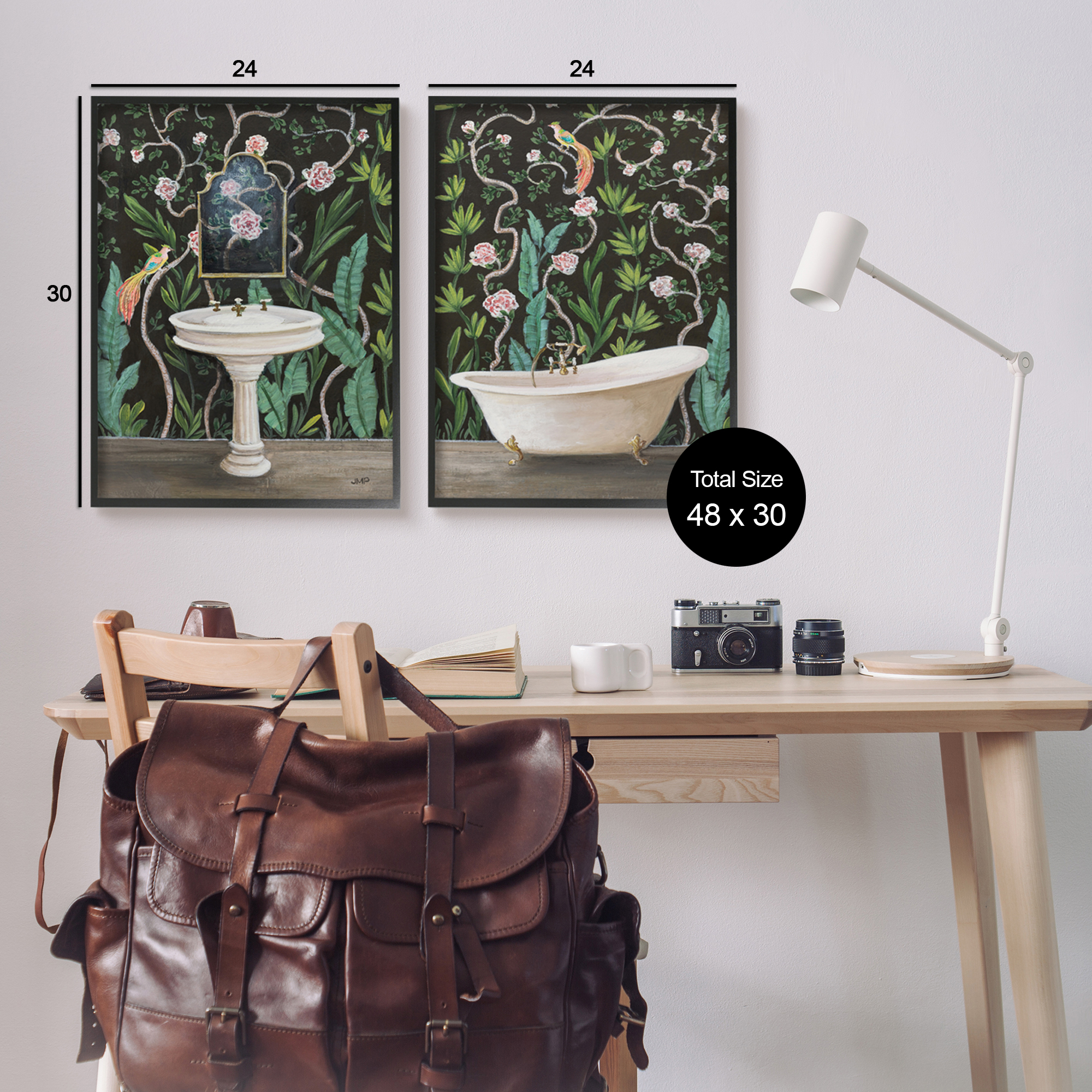 Stupell Industries Tropical Patterned Bathroom Botanical & Floral Painting Black Framed Art Print Wall Art, 24 x 30, Set of 2