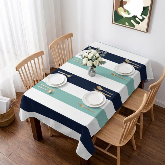 Turquoise Navy Blue Striped Table Cloth Waterproof Tablecloths, Farmhouse Stripe Art Tablecloth Dining Table Cover for Kitchen Party Tabletop Outdoor, Rectangle Tablecloth 60x84 Inch