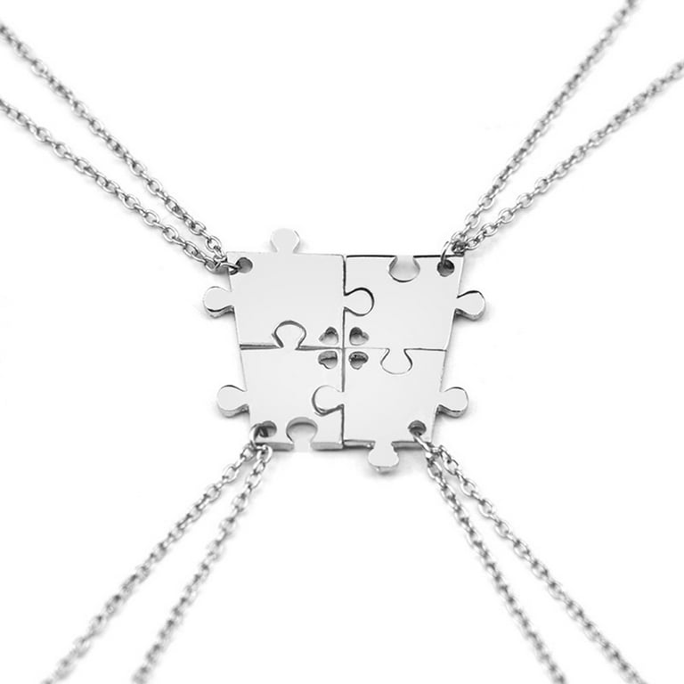 4Pcs Interlocking Jigsaw Puzzle Pendant Chain Necklace Family Best