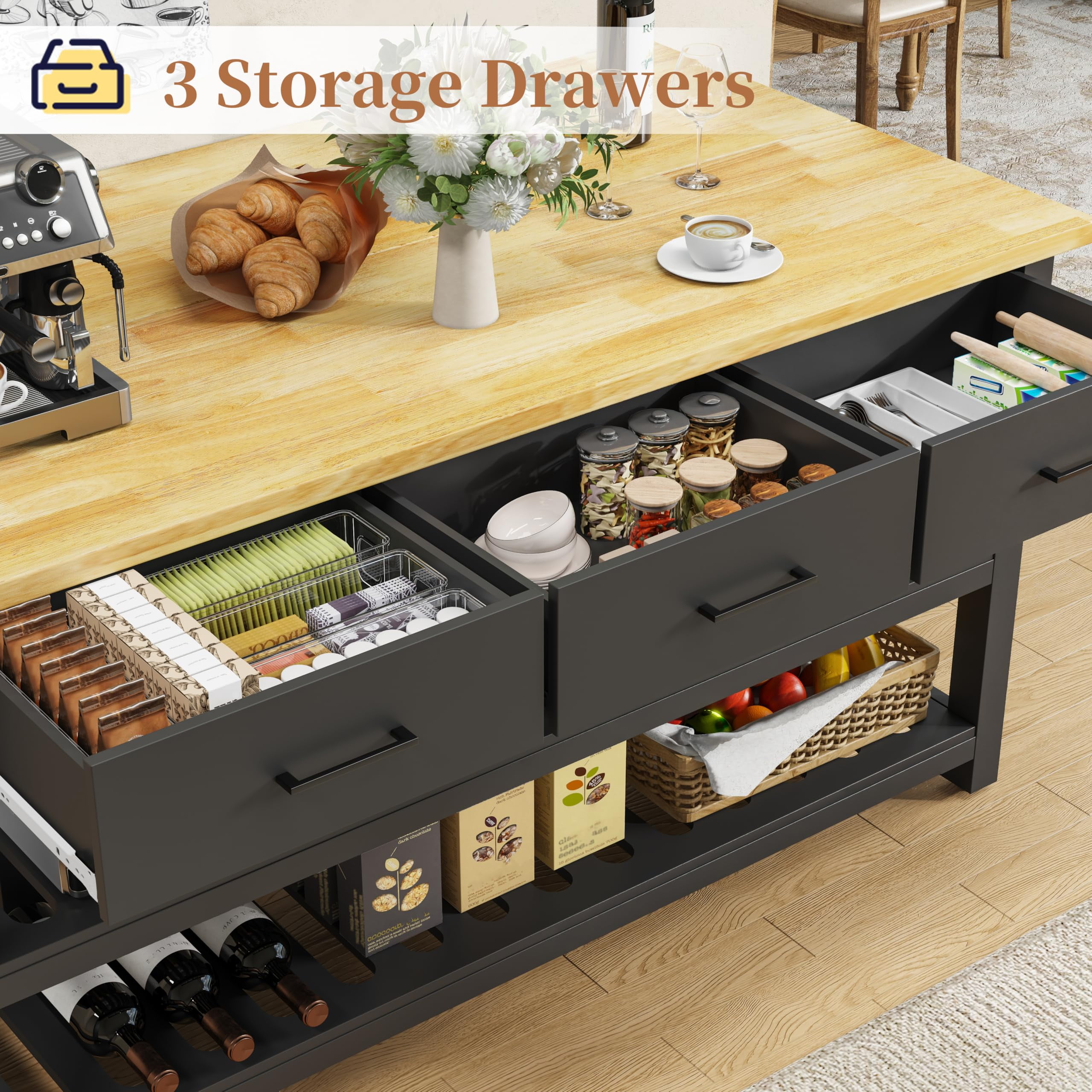 ChicZhiNest Kitchen Island with Storage, 60" Solid Rubberwood Top Kitchen Island with Power Outlet and 6 Hooks, Black