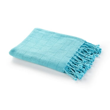 Laddha Home Designs Blue Checkered Weave Throw Blanket with Fringes 50" x 60"