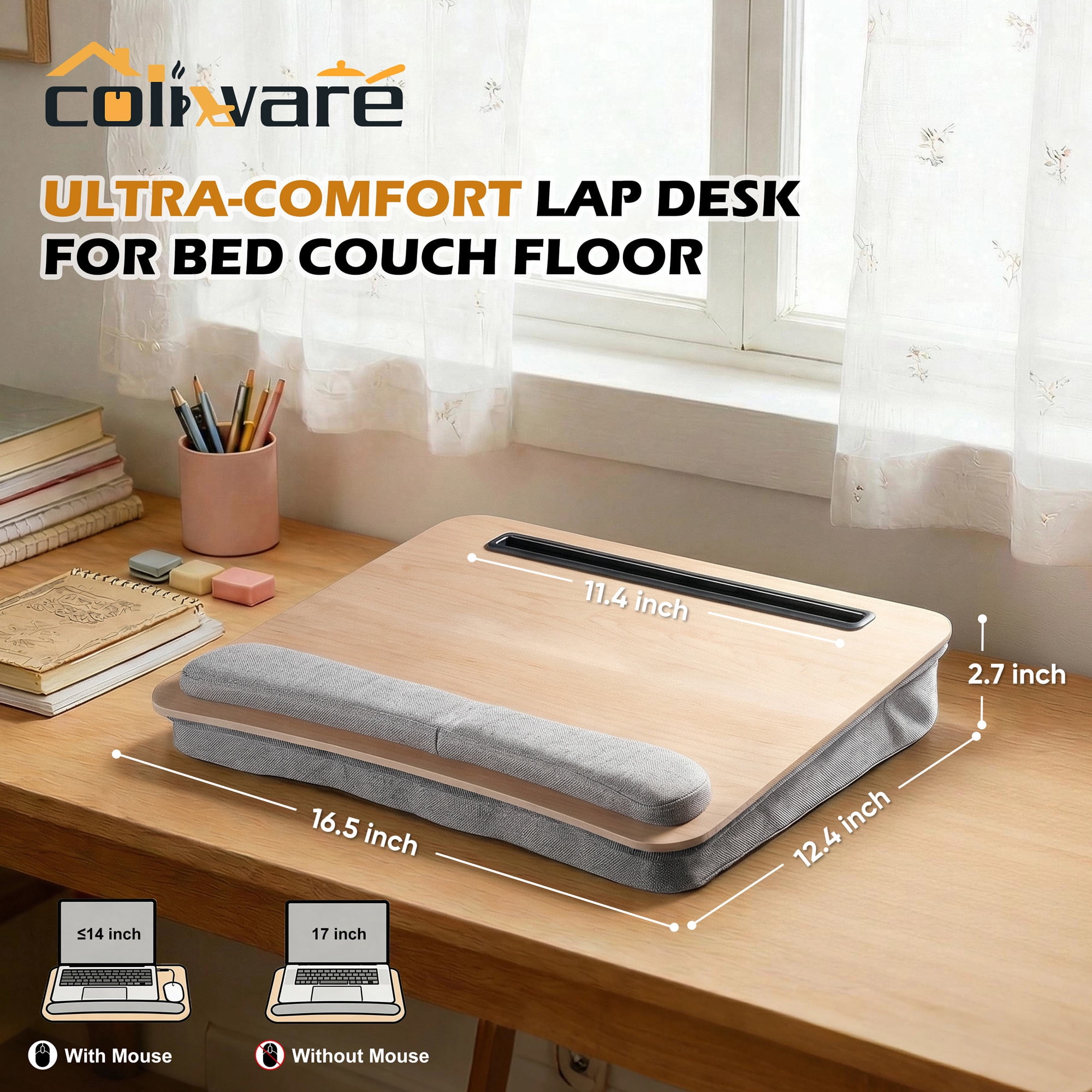 Coliware Lap Desk with Pillow Cushion, Portable Laptop Desk with Anti-Slip Strip Wrist Rest & Storage Function Fits Up to 15.6” Laptops, Laptop Stand for Home Office, Wood Grain Book Tablet