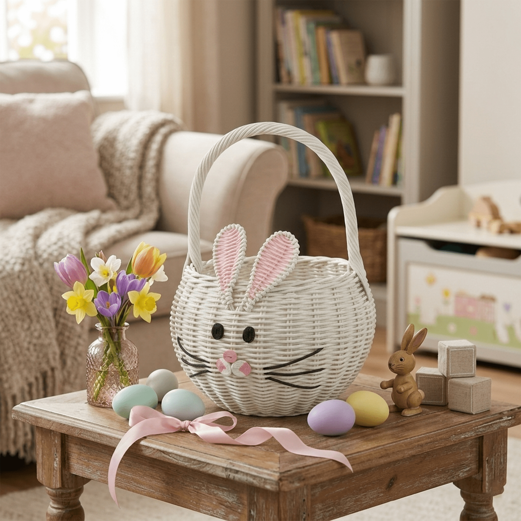 Large Hand Woven Bunny Rattan Wedding Flower Girl Basket Bin Home Decor Cute Handmade Handcrafted Nursery Gift Storage Easter Wicker Rabbit