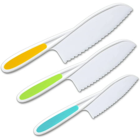

Kids Knife Set of 3 - Firm Grip Serrated Edges & Safe – Colorful Nylon Toddler Cooking Knives to Cut Fruits Salad Cake Lettuce (Multi Color)