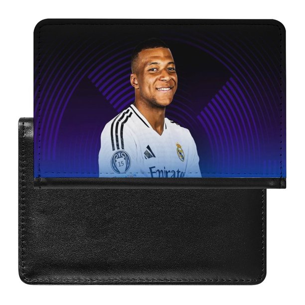Kylian Mbappé Porta Pasaporte y Cartera de Viaje Premium de Cuero PU, Funda de Pasaporte Bloqueo RFID con Ranuras para Tarjetas de Crédito, Estuche para Libro de Pasaporte para Familia 10cm × 15cm