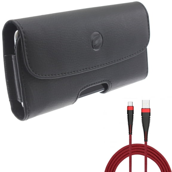 10ft USB-C Cable w Case Belt Clip for Samsung Galaxy A73 5G,A13 5G,A03s Phones - Type-C Charger Cord Power Wire, Leather Holster Cover Pouch