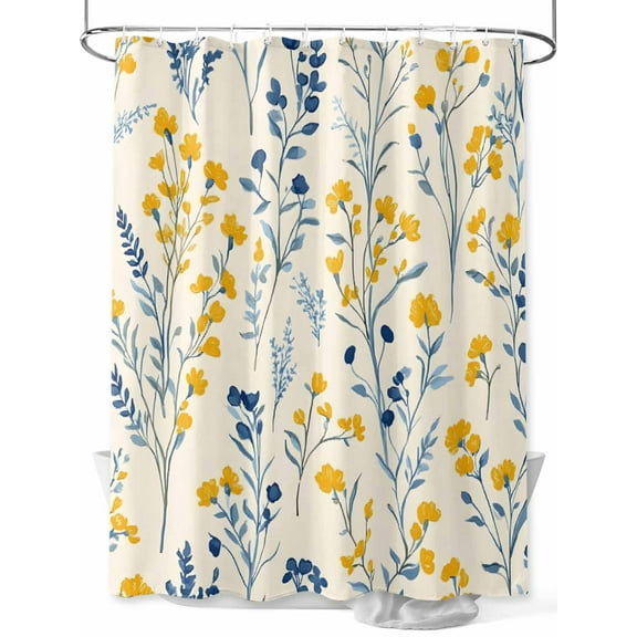 Fsddascl Blue Yellow Spring Floral Shower Curtain Set - Small 36" x 72" Washable Bathtub Curtain with 12 Hooks, Summer Blooms Botanicals Waterproof Fabric Stall Shower Curtains for Bathroom/Bathtub